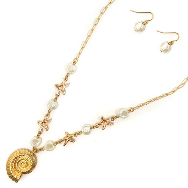 SEA LIFE SHELL PENDANT STATION CHAIN NECKLACE EARRING SET