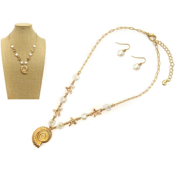 SEA LIFE SHELL PENDANT STATION CHAIN NECKLACE EARRING SET