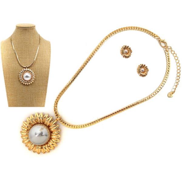 ROUND PEARL PENDANT CHAIN NECKLACE EARRING SET