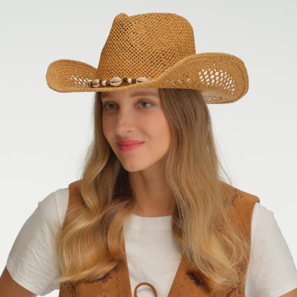PAPER COWBOY HAT WITH SEASHELL AND BEAD BAND