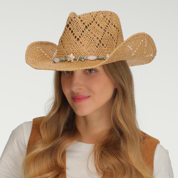PAPER COWBOY HAT WITH STARFISH AND BEADED BAND