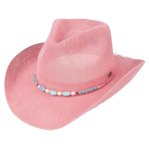 KNITTED COWBOY HAT WITH TURQUOISE STONE AND BEADED STRING BAND
