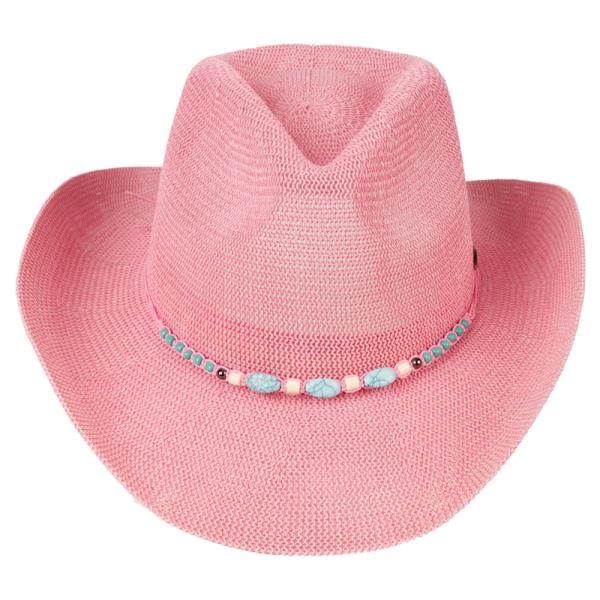 KNITTED COWBOY HAT WITH TURQUOISE STONE AND BEADED STRING BAND