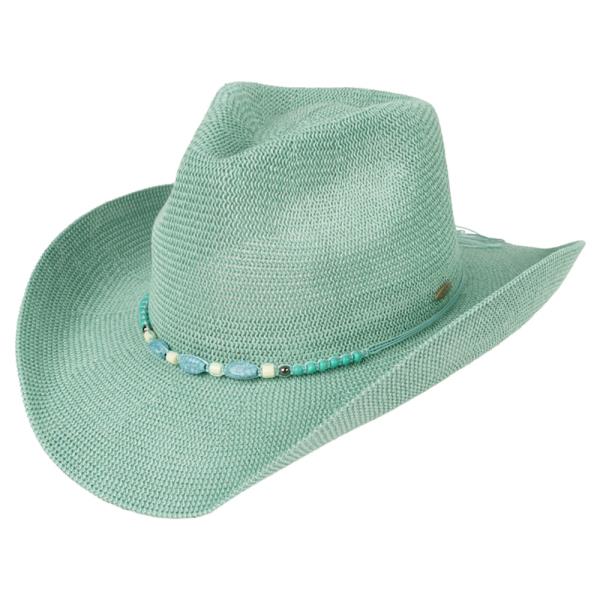 CC KNITTED COWBOY HAT WITH TURQUOISE STONE AND BEADED STRING BAND