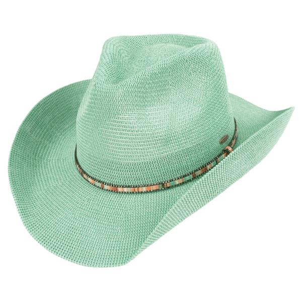 KNITTED COWBOY HAT WITH MULTI COLORED TRIM BAND