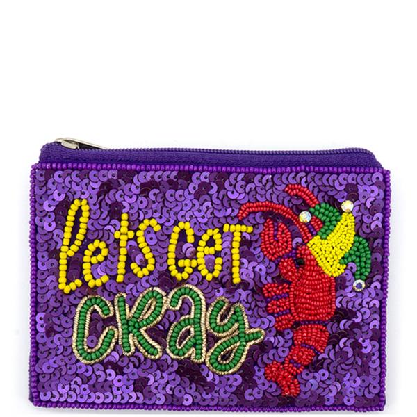 MARDI GRAS LET’S GET CRAY TEXT LOBSTER GRAPHIC SEED BEAD COIN PURSE BAG