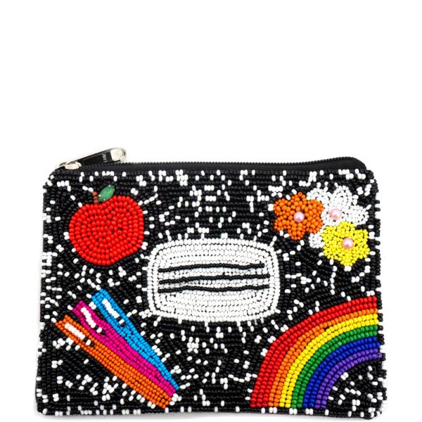 RAINBOW PENCIL APPLE GRAPHIC SEED BEAD COIN PURSE BAG