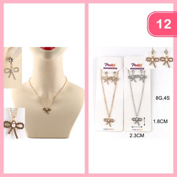 RHINESTONE PEARL BOW PENDANT NECKLACE EARRING SET (12 UNITS)