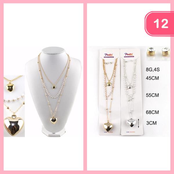 PEARL CHAIN LAYERED HEART PENDANT NECKLACE (12 UNITS)