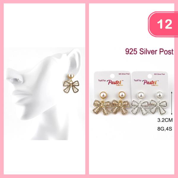 RHINESTONE PEARL BOW POST EARRINGS (12 UNITS)