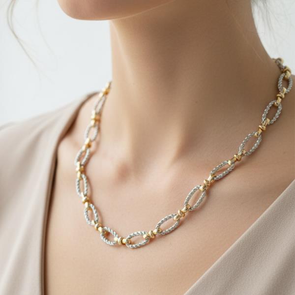 TWO TONE MIXED GOLD DIPPED OVAL LINK CHAIN NECKLACE