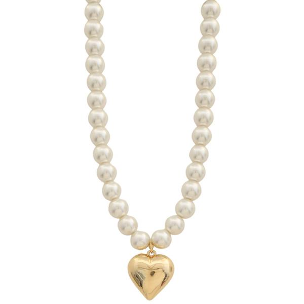 PUFFY HEART PENDANT PEARL BEAD NECKLACE