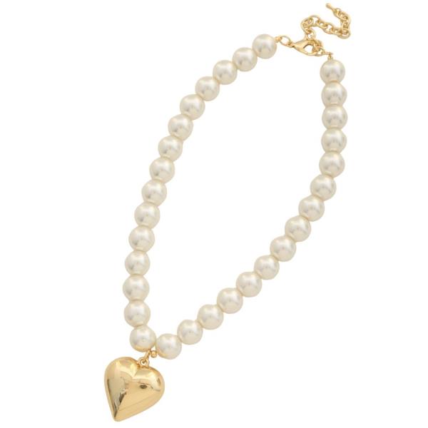PUFFY HEART PENDANT PEARL BEAD NECKLACE