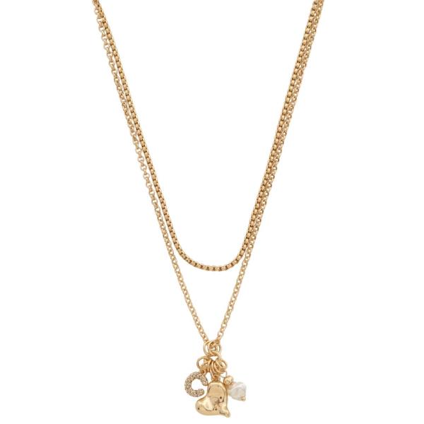 HEART PEARL CHARMS LAYERED METAL NECKLACE