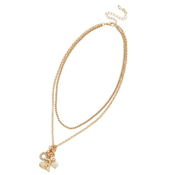 HEART PEARL CHARMS LAYERED METAL NECKLACE