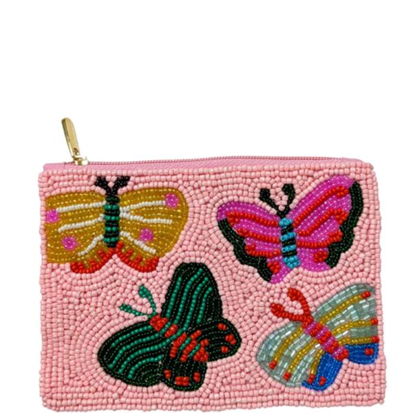 MULTI BUTTERFLY SEED BEAD COIN PURSE BAG