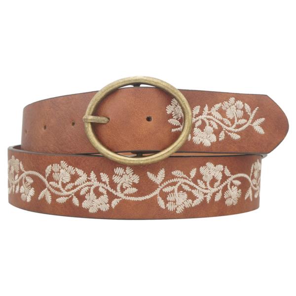 OVAL BUCKLE ZIG ZAG STITCH FLORAL STRAP WSHED BELT