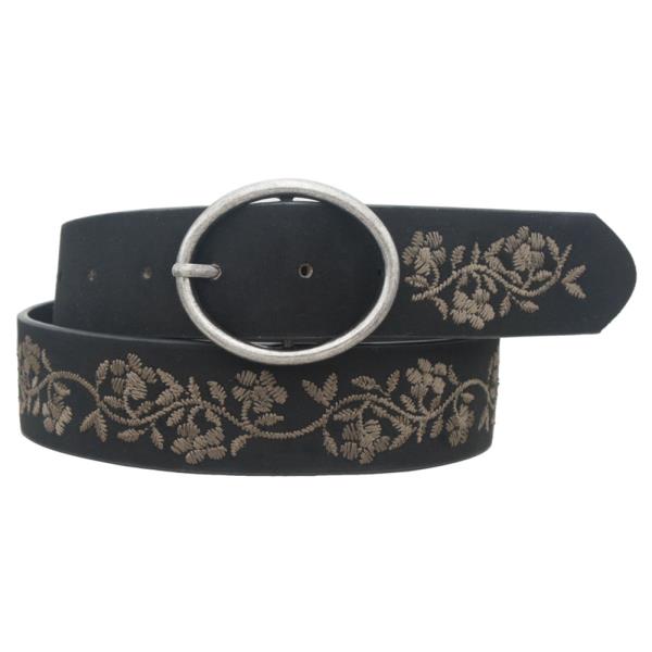 OVAL BUCKLE ZIG ZAG STITCH FLORAL STRAP FAUX SUEDE BELT