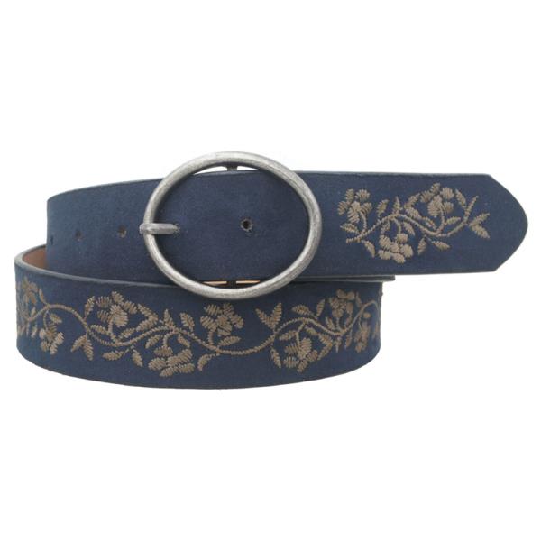 OVAL BUCKLE ZIG ZAG STITCH FLORAL STRAP FAUX SUEDE BELT
