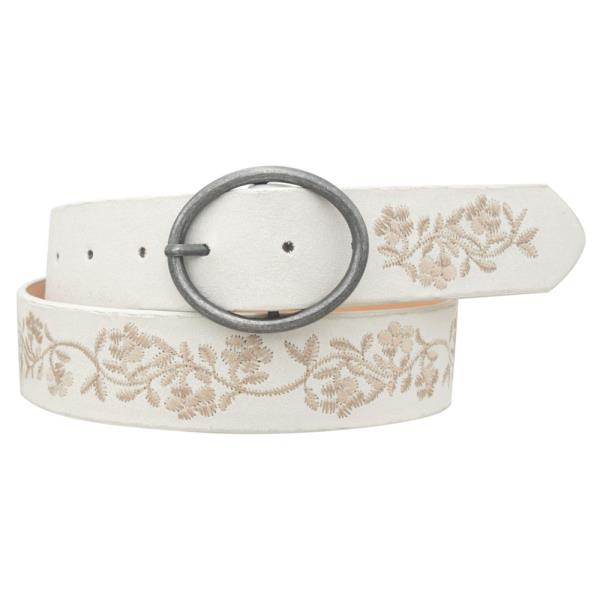 OVAL BUCKLE ZIG ZAG STITCH FLORAL STRAP FAUX SUEDE BELT