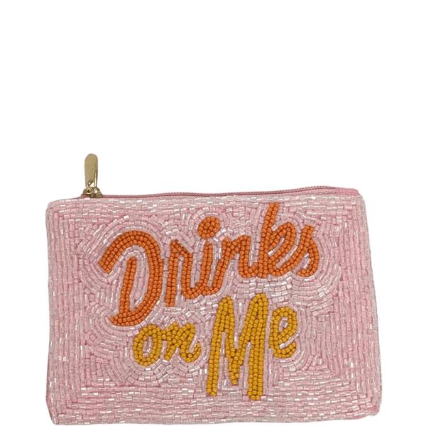 DRINKS ON ME TEXT GRAPHIC SEED BEAD COIN PURSE BAG