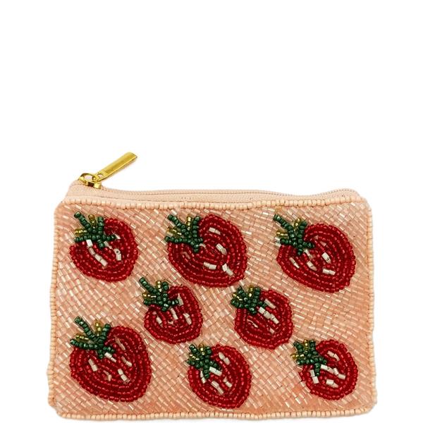 STRAWBERRY REPEAT GRAPHIC SEED BEAD COIN PURSE BAG
