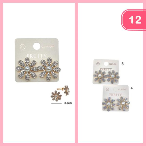 RHINESTONE PEARL FLOWER POST EARRING (12 UNITS)