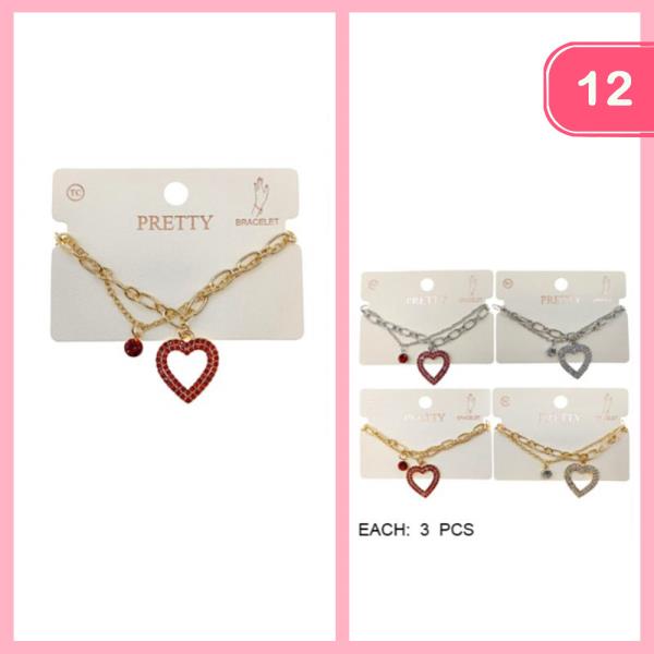 RHINESTONE BOW HEART PEDANT BRACELET (12 UNITS)