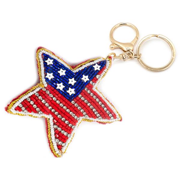 AMERICAN FLAG SEED BEAD STAR GRAPHIC BAG CHARM KEYCHAIN