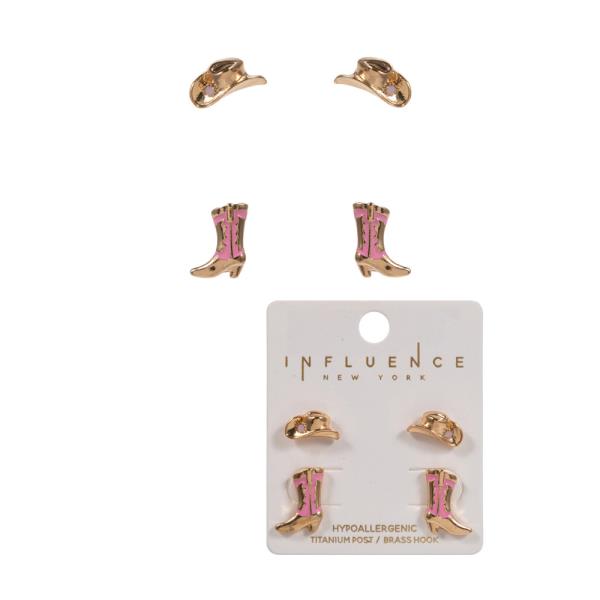 WESTERN HAT & BOOTS SHAPED METAL& ENAMEL EARRING SET