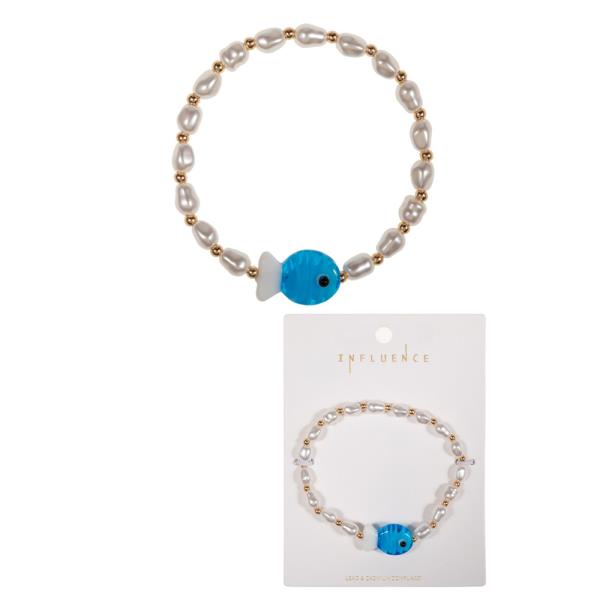 FISH SHAPED GLASS PART W/ PEARL BEADS STRETCH BRACELET