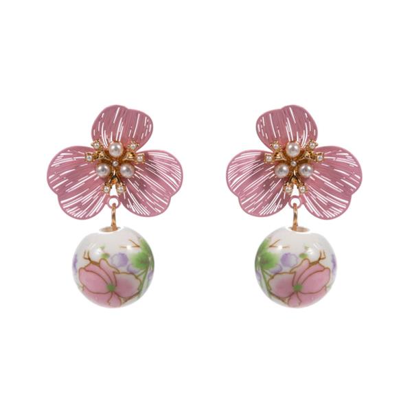 COLOR COATED FLOWER W/ CERAMIC BEAD EARRING
