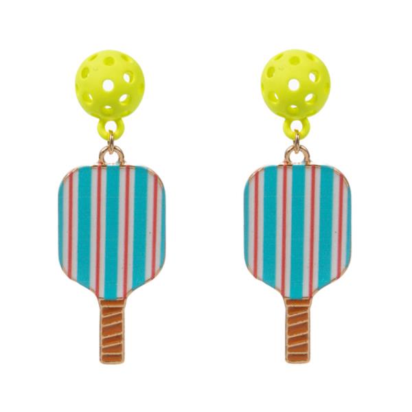 PICKLEBALL SHAPED ENAMEL W/ PATTERN PRINT EARRING