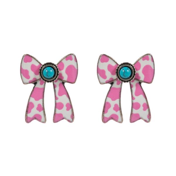 BOW SHAPED ENAMEL W/COW PRINTS & FAUX STONE EARRING