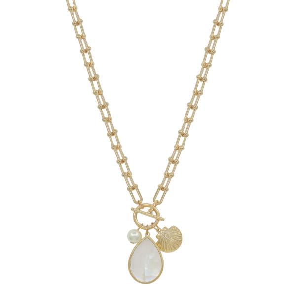 THIN TIFFANY CHAIN TOGGLE MOTHER OF PEARL SHELL PENDANT SHORT NECKLACE