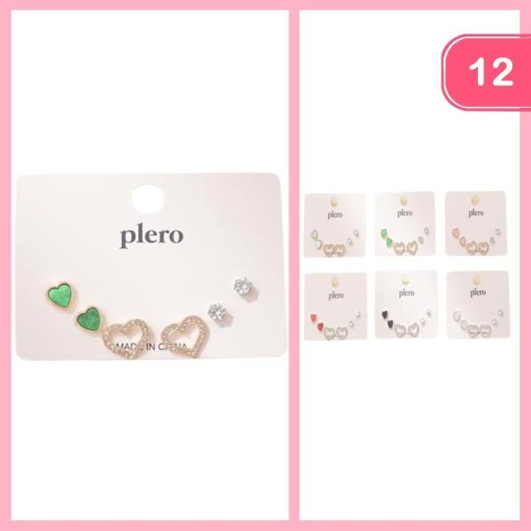 MIXED RHINESTONE HEART POST EARRING (12 UNITS)
