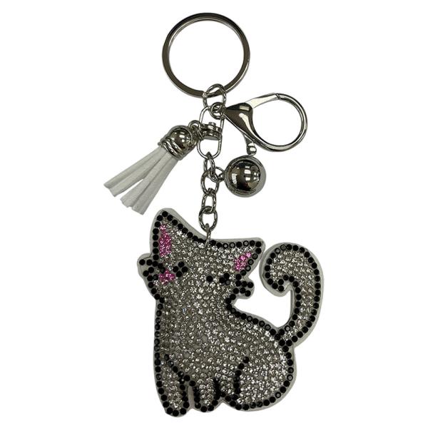RHINESTONE CAT KEYCHAIN WITH TASSEL