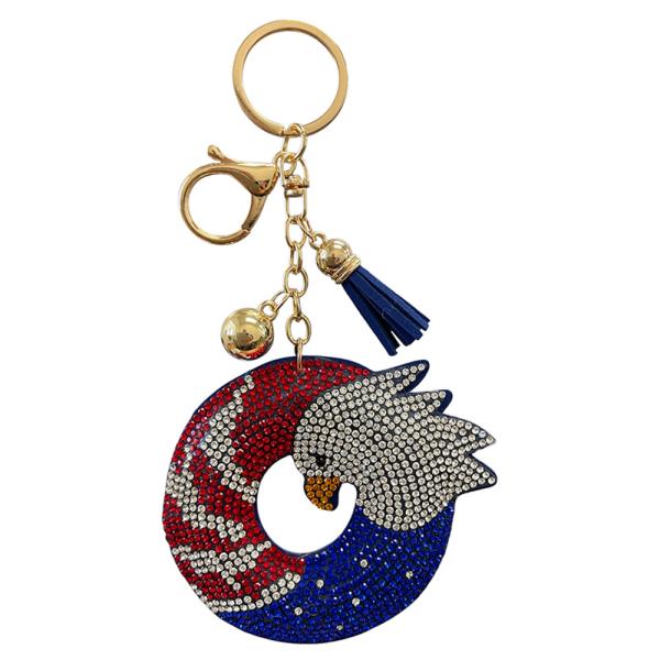 RHINESTONE AMERICAN FLAG EAGLE ROUND KEYCHAIN WITH TASSEL