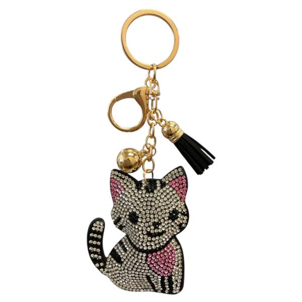 RHINESTONE CAT KEYCHAIN WITH TASSEL