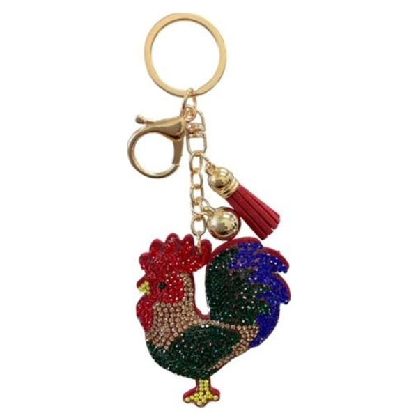 RHINESTONE ROOSTER KEYCHAIN WITH TASSEL