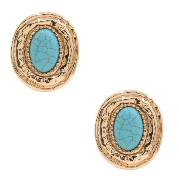 TURQUOISE BEAD OVAL METAL EARRING