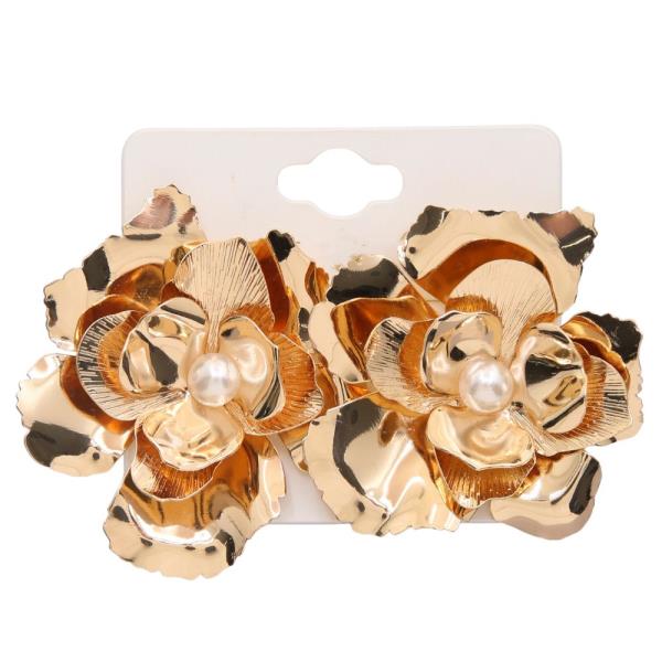FLOWER PEARL BEAD METAL EARRING