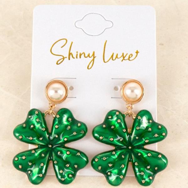 SAINT PATRICK CLOVER PEARL BEAD DANGLE EARRING