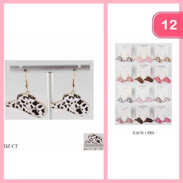 WESTERN COW PRINT HAT DANGLE EARRING (12 UNITS)