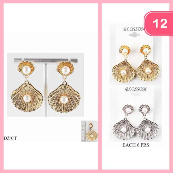 METAL SEASHELL PEARL DANGLE EARRING (12 UNITS)