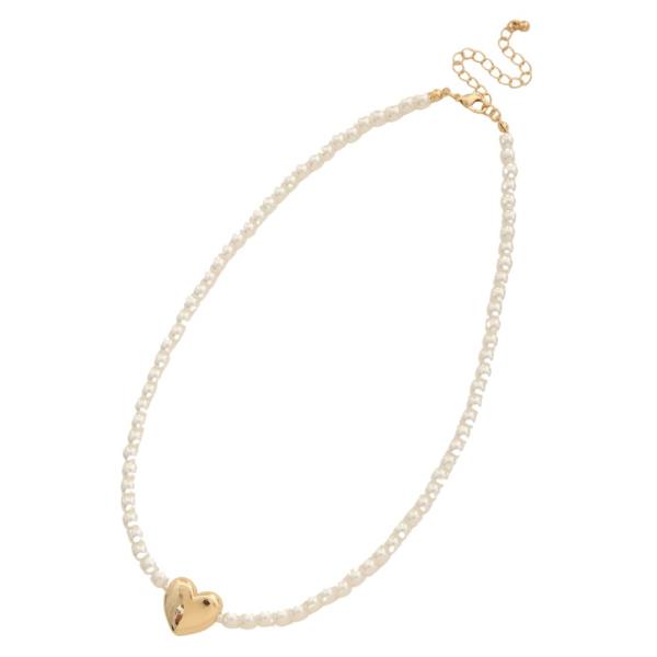PUFFY HEART CHARM PEARL BEAD NECKLACE
