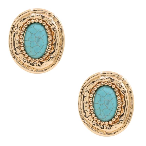 TURQUOISE BEAD OVAL METAL EARRING