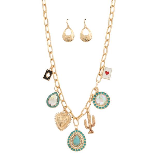 WESTERN MULTI CHARM OVAL LINK METAL NECKLACE