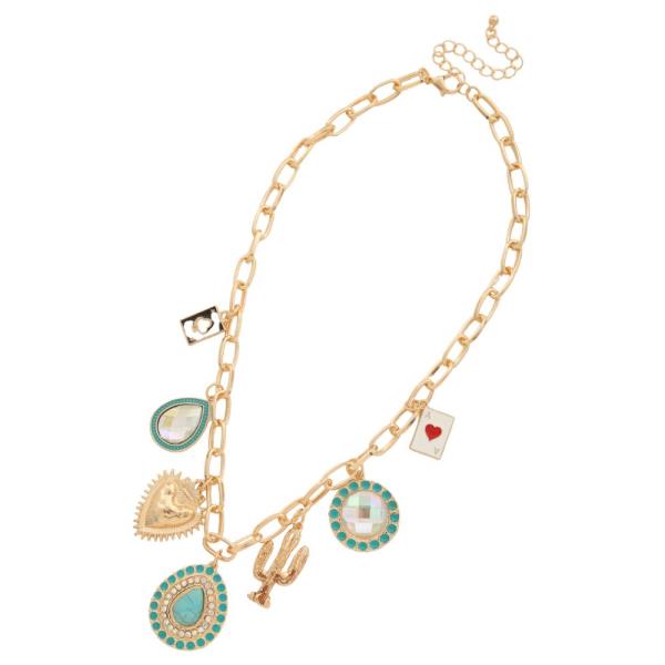 WESTERN MULTI CHARM OVAL LINK METAL NECKLACE