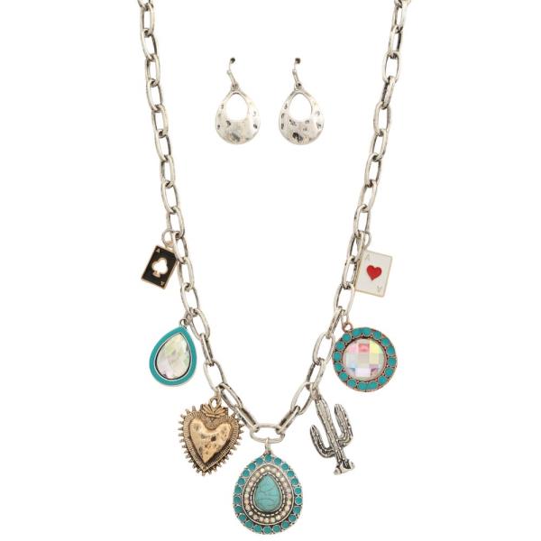 WESTERN MULTI CHARM OVAL LINK METAL NECKLACE